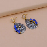Handmade Teardrop Black Oxidized Earrings with Blue Chalcedony Gemstone Earrings with Prong Setting, Hammered Style Dangle Drop Earrings For Women. S