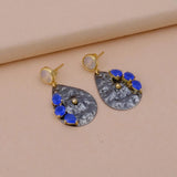 Handmade Teardrop Black Oxidized Earrings with Blue Chalcedony Gemstone Earrings with Prong Setting, Hammered Style Dangle Drop Earrings For Women. S