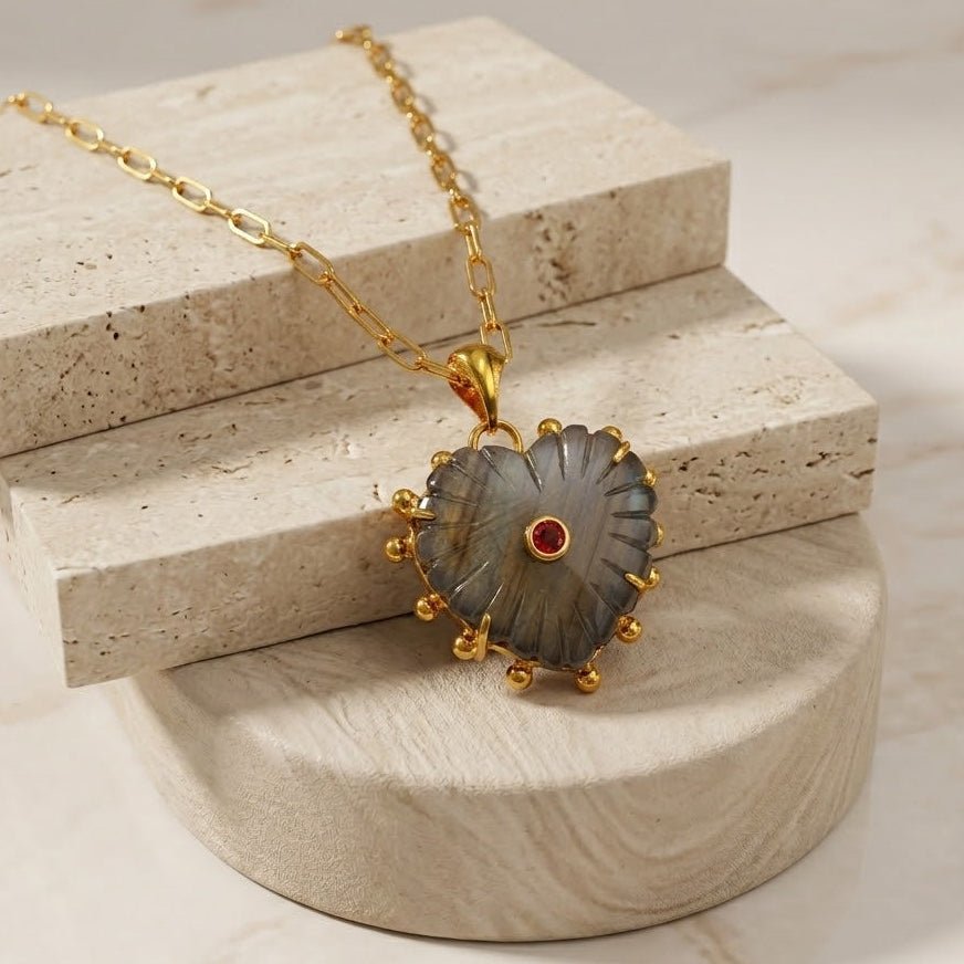 Labradorite Gemstone Heart Shape Carved Pendant Necklaces, Gold Plated Prong Set 5286