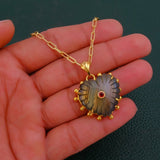 Labradorite Gemstone Heart Shape Carved Pendant Necklaces, Gold Plated Prong Set 5286