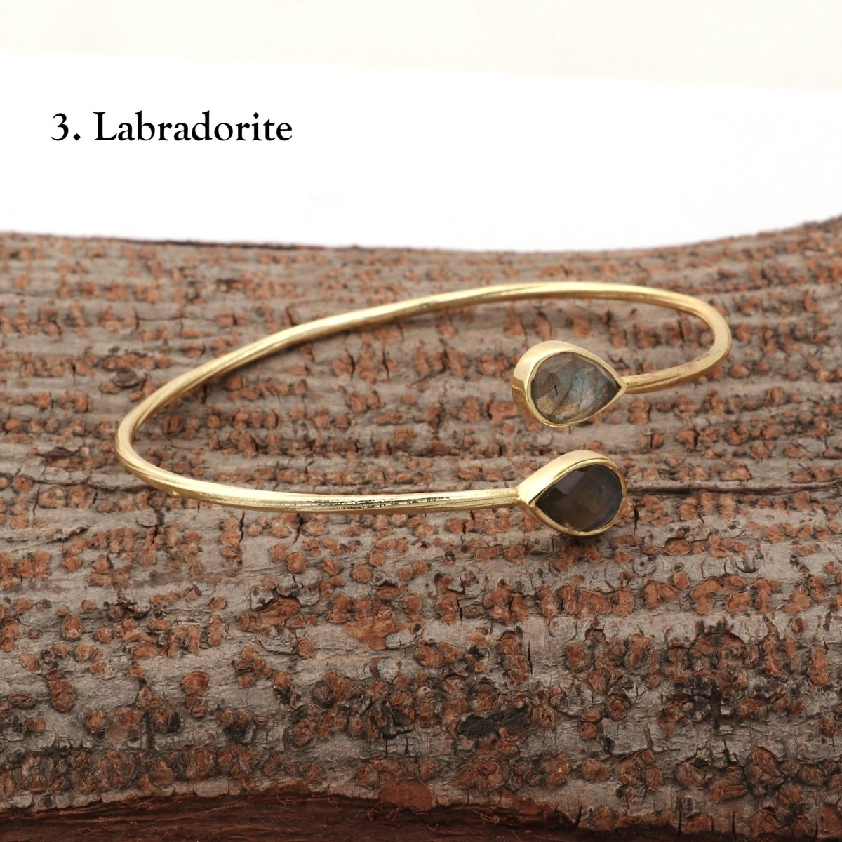 Labradorite Pear Shape Gemstone Adjustable Bangle, Gold Plated Bohemian Style Bangle Labradorite