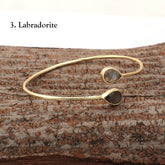 Labradorite Pear Shape Gemstone Adjustable Bangle, Gold Plated Bohemian Style Bangle Labradorite