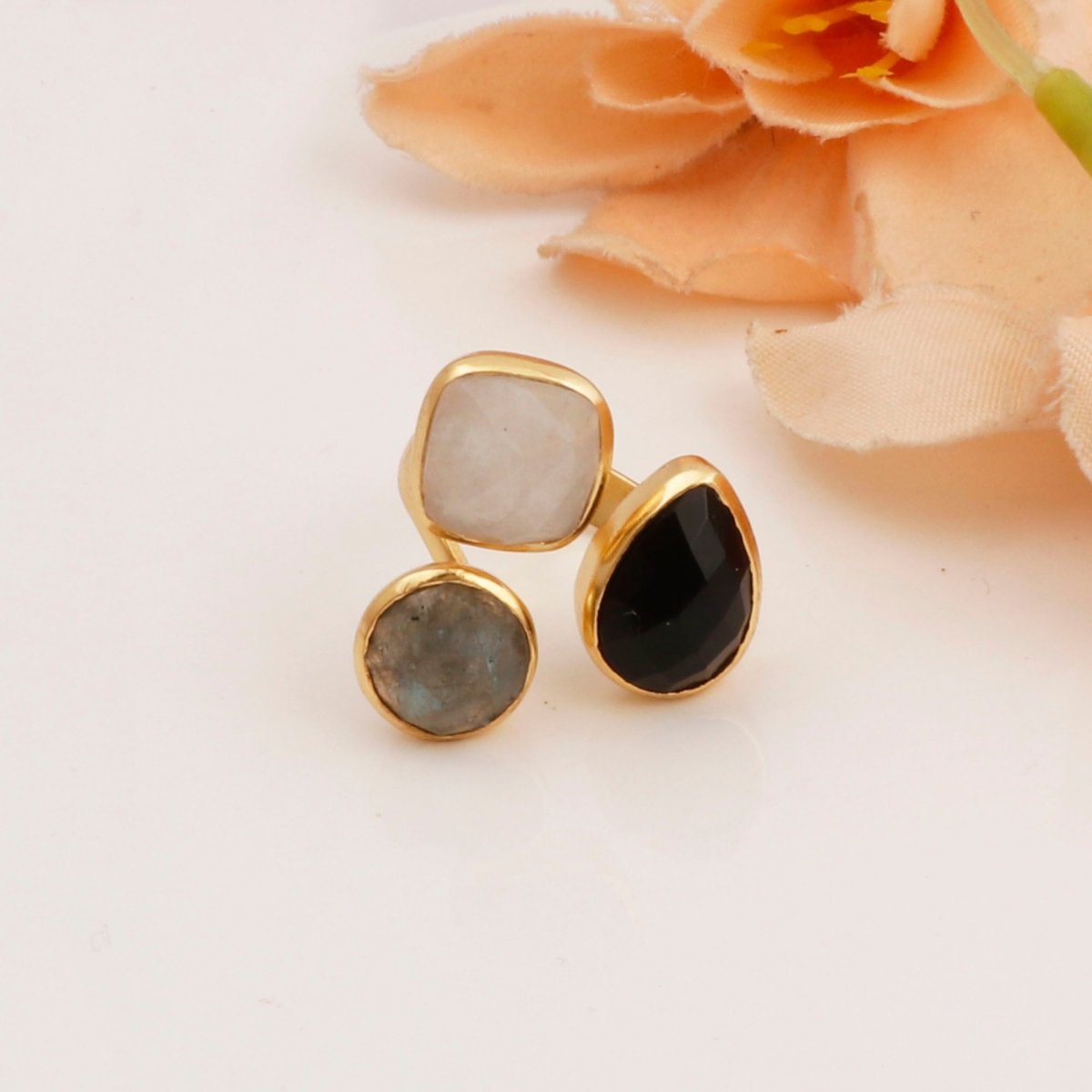 Labradorite Rainbow Moonstone Black Onyx Gold Ring Gold Plated Bezel Set Gemstone Adjustable Ring