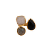 Labradorite Rainbow Moonstone Black Onyx Gold Ring Gold Plated Bezel Set Gemstone Adjustable Ring