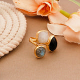 Labradorite Rainbow Moonstone Black Onyx Gold Ring Gold Plated Bezel Set Gemstone Adjustable Ring