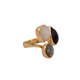 Labradorite Rainbow Moonstone Black Onyx Gold Ring Gold Plated Bezel Set Gemstone Adjustable Ring