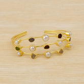 Layered Multi-Stone Bezel Cuff, Freeform Gemstone Gold Plated Stacking Bangle 3501