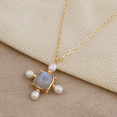 Layering Paperclip Chain Necklace with Rainbow Moonstone & Pearl Pendant 5406