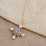 Layering Paperclip Chain Necklace with Rainbow Moonstone & Pearl Pendant 5406