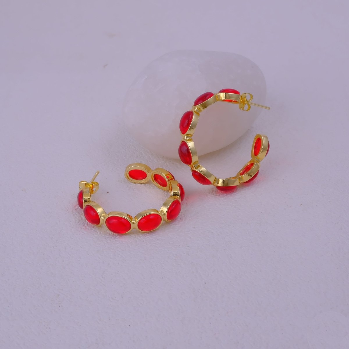 Minimal Red Onyx Hoop Earrings, Handmade Gold Plated Jewelry, Gift for Her CE-1005 Red Onyx