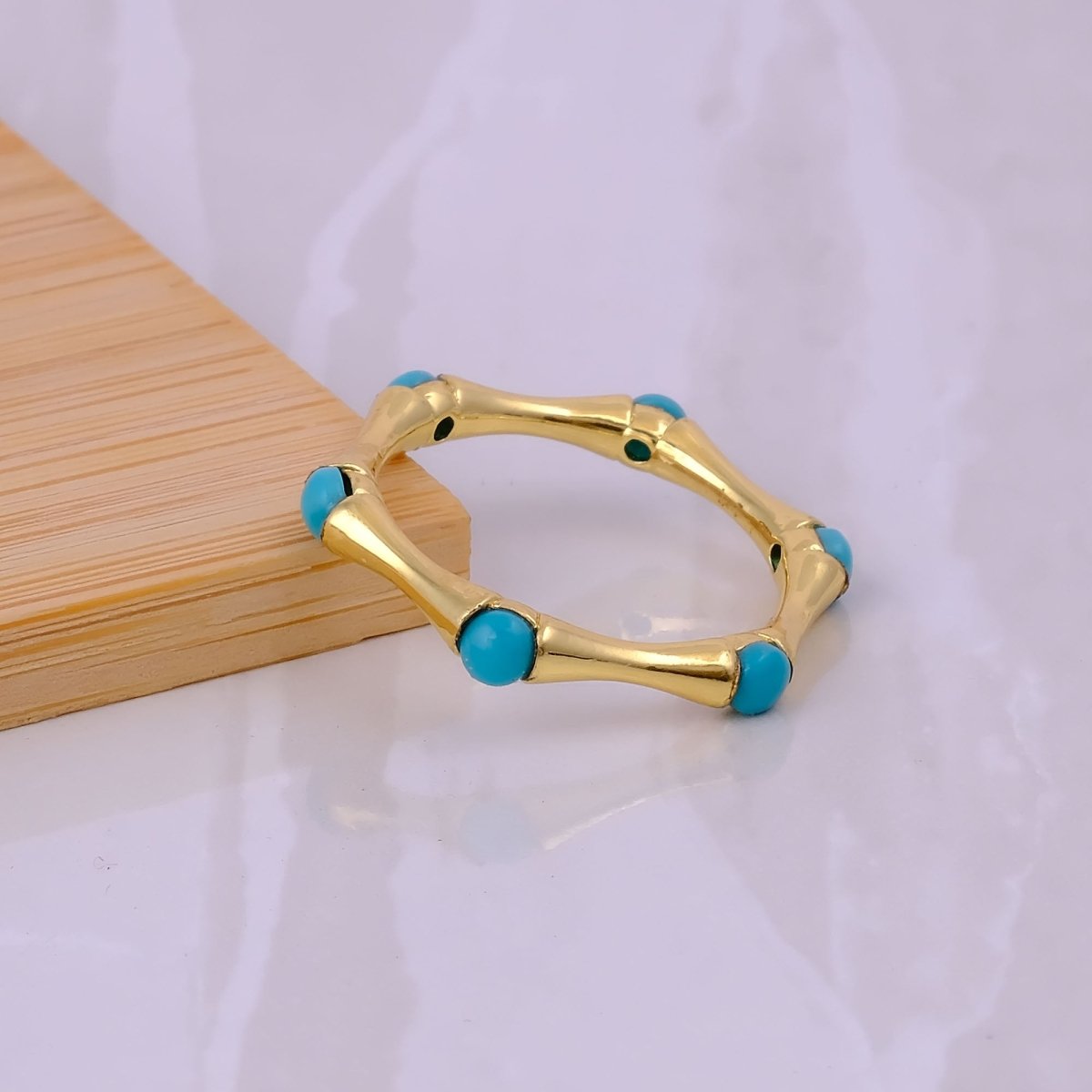 Minimalist Green Turquoise Stacking Ring, Gold Plated Bamboo Style Ring CR - 1023