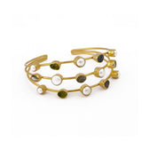 Modern 3 - Tier Multi - Stone Bangle, Raw Gemstone Adjustable Cuff 3501
