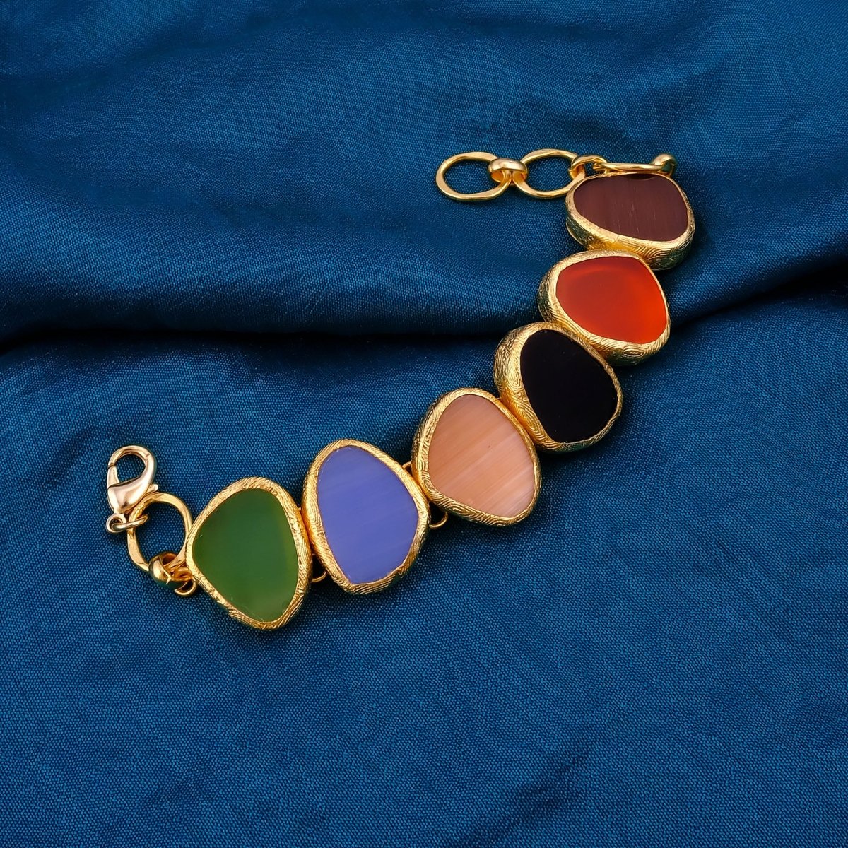 Multi Color Cat's Eye Bracelets, Gold Plated Bezel Set Jewelry 5265