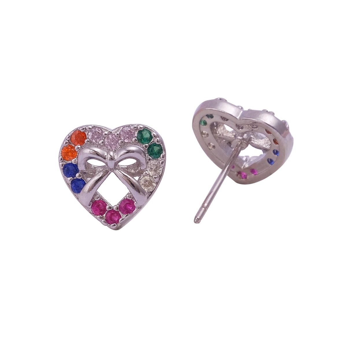 Multi CZ Gemstone Stud Earrings Aesthetic Heart Shape with Bow Earrings Silver Plated Jewelry