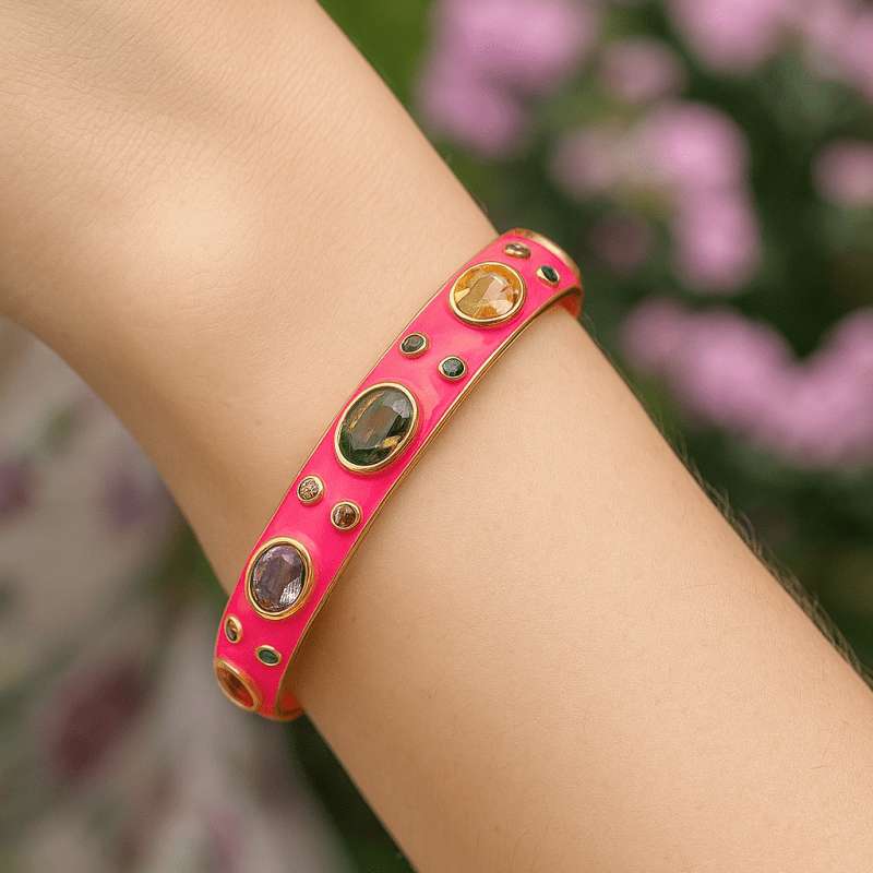 Multi CZ Pink Enamel Bracelet Open Cuff Bracelet Gold Plated Bangle