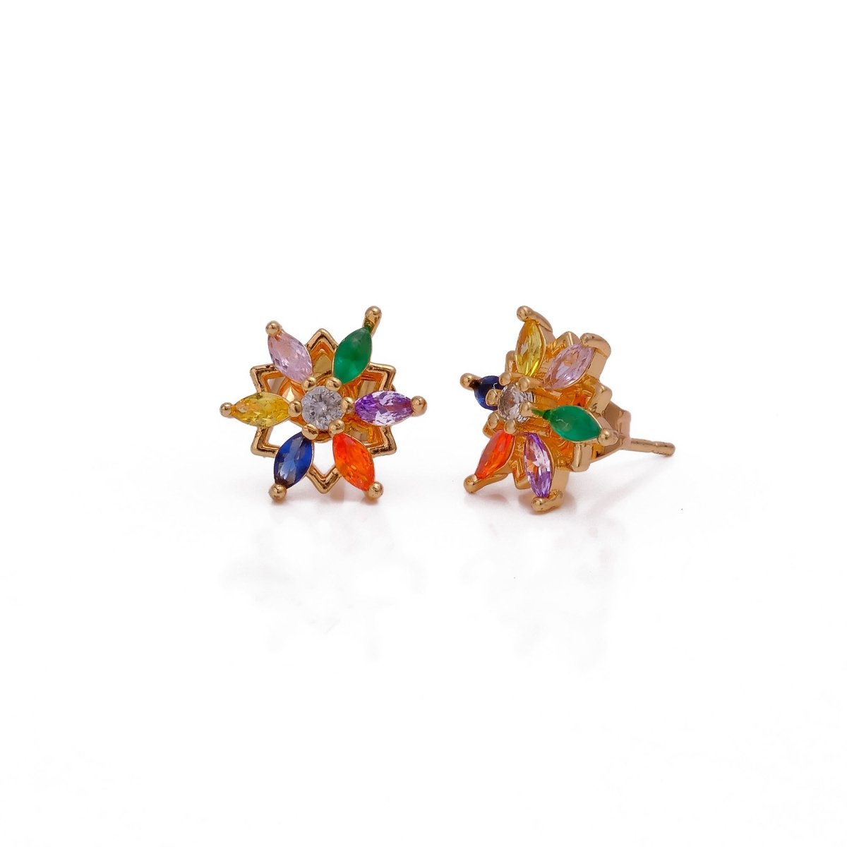 Multi Stone Earrings Tiny Gold Plated Floral Studs