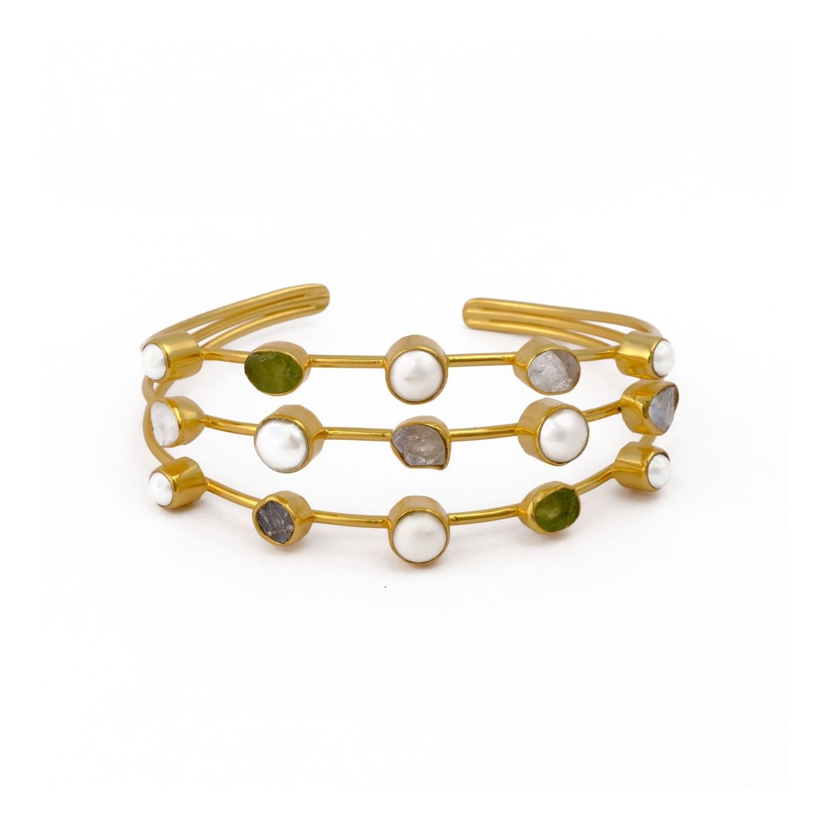 Multi - Stone Raw Gemstone Cuff Bangle, 3 - Tier Gold Plated Statement Bangle 3501