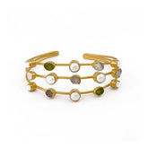 Multi-Stone Raw Gemstone Cuff Bangle, 3-Tier Gold Plated Statement Bangle 3501