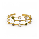 Multi - Stone Raw Gemstone Cuff Bangle, 3 - Tier Gold Plated Statement Bangle 3501