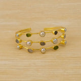 Multi - Stone Raw Gemstone Cuff Bangle, 3 - Tier Gold Plated Statement Bangle 3501