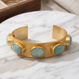 Natural Amazonite Gold - Plated Cuff Bracelet | Oval Gemstone Bangle 5440