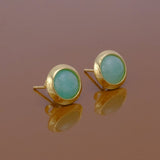 Natural Amazonite Round Stud Earrings, Gold Plated Jewelry CE - 1002