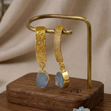 Natural Aquamarine Raw Stone Drop Earrings | Gold Plated Textured Brass Jewelry 5356 Aquamarine