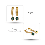 Natural Aquamarine Raw Stone Drop Earrings | Gold Plated Textured Brass Jewelry 5356 Green Strawberry Quartz