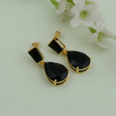 Natural Black Onyx Earring Gold Plated Pear Drop Stud Earrings