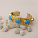 Natural Gemstone Blue Turquoise Bangles, Chunky Gold Plated Cuff Jewelry 5440