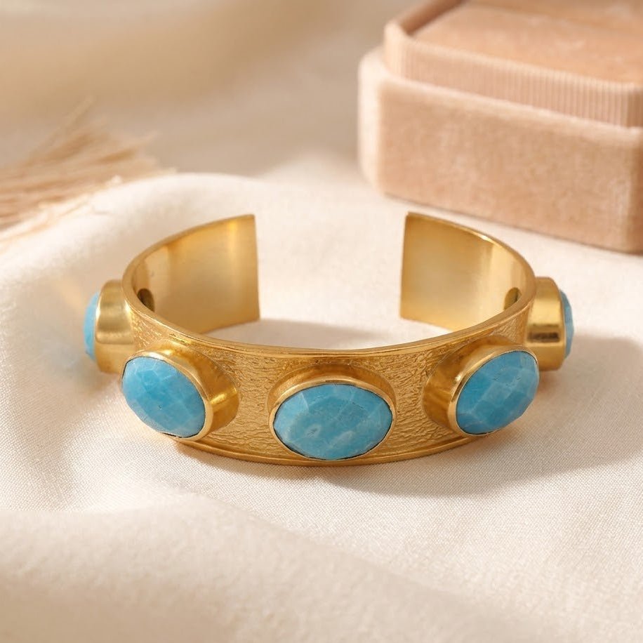 Natural Gemstone Blue Turquoise Bangles, Chunky Gold Plated Cuff Jewelry 5440