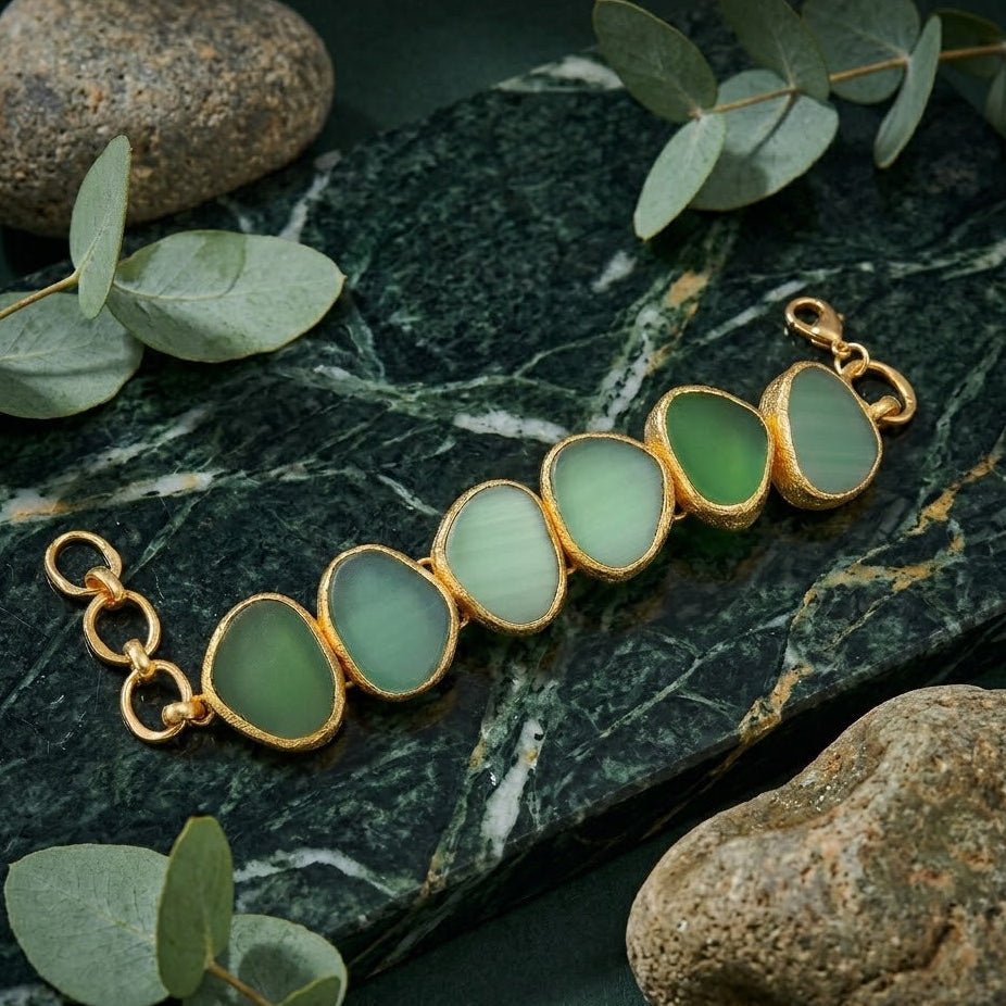 Natural Gemstone Green Cat's Eye, Gold Plated Statement Bracelet 5265