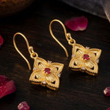 Natural Gemstone Red Garnet, Gold Plated Floral Filigree Dangle Earrings 5383 Red Garnet