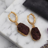 Natural Gemstone Ruby Drop Hoop Earrings, Raw Stone Statement Jewelry 5216