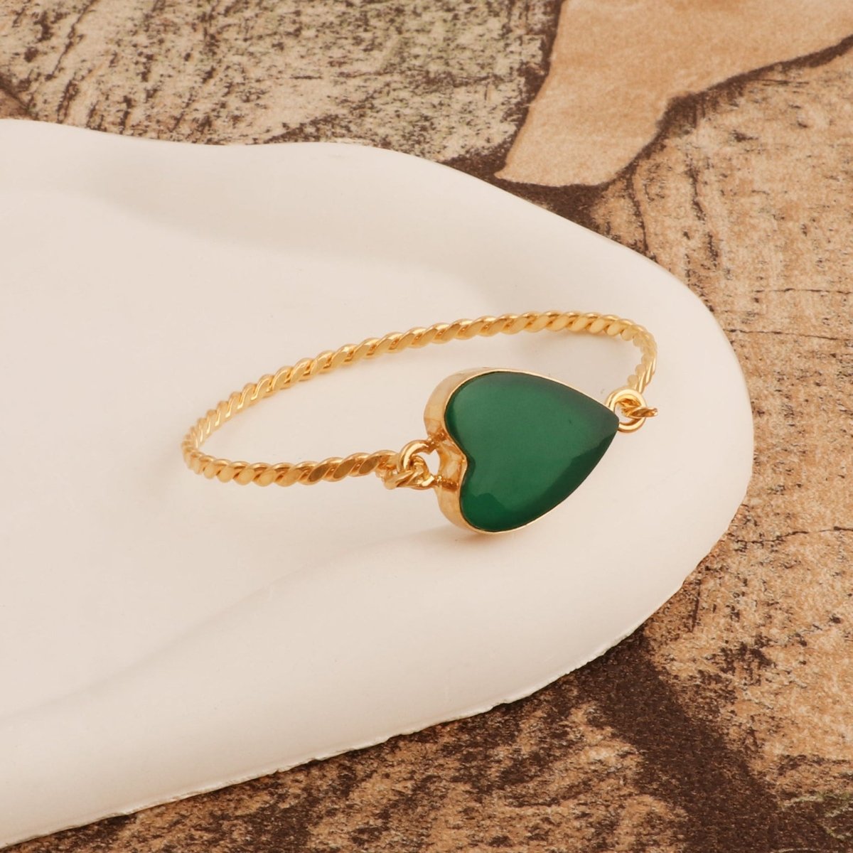 Natural Green Onyx Heart Shape Stone, Twisted Gold - Plated Bangle 5050