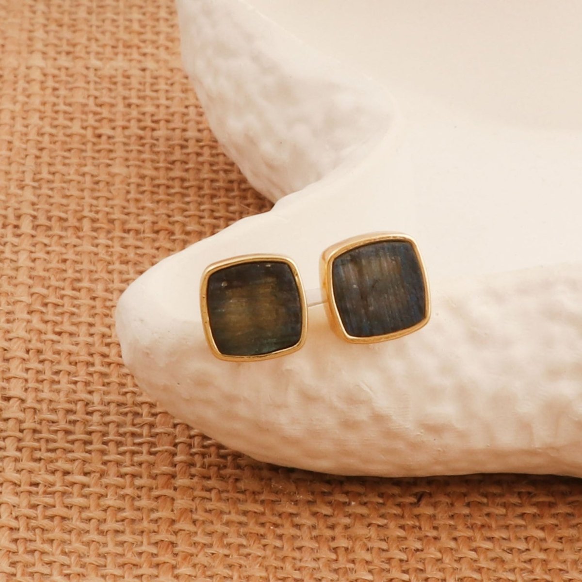 Natural Labradorite Cushion Shape, Gold Plated Bezel Set Stud Earrings CE - 1004