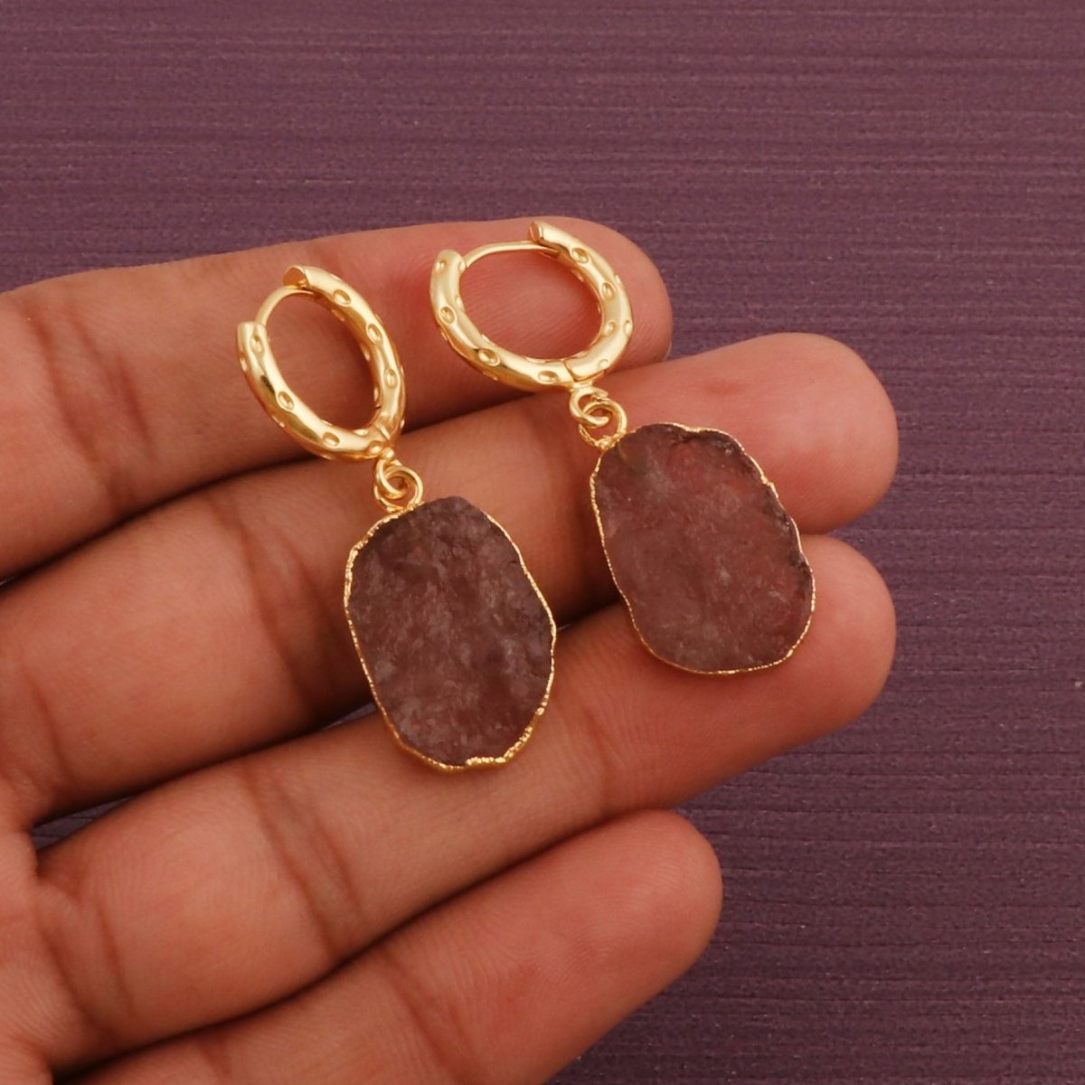 Natural Pink Strawberry Quartz Gemstone Hoop Earrings, Modern Boho Chic Jewelry 5216 Pink Strawberry Quartz