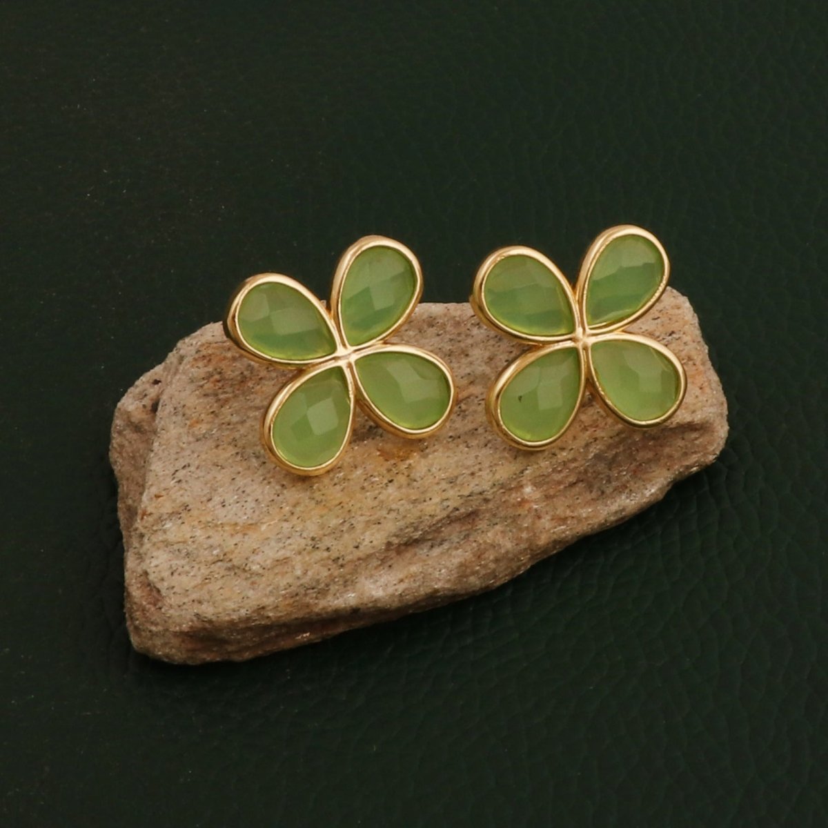 Natural Prehnite Four - Leaf Clover Stud Earrings, Gold Plated Jewelry CE - 1020