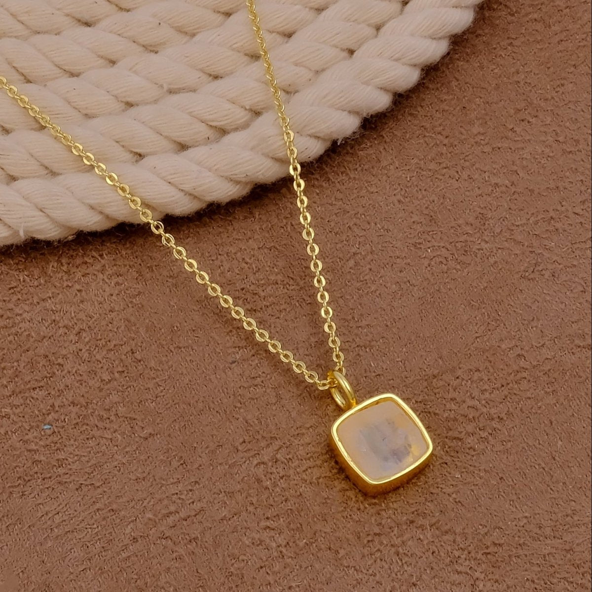 Natural Rainbow Moonstone Cushion Shape Necklace, Gold Plated Bezel Set Jewelry CN-1002 Rainbow Moonstone
