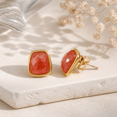 Natural Red Strawberry Quartz Gold Plated Stud Earrings, Minimal Gemstone Jewelry CE-1013 Red Cherry Quartz