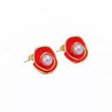 Orange Enamel Spiral Pearl Stud Gold Plated Earrings Orange