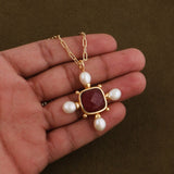 Paperclip Chain Necklace with Pink Strawberry Quartz and Pearl Gemstone Pendant 5406