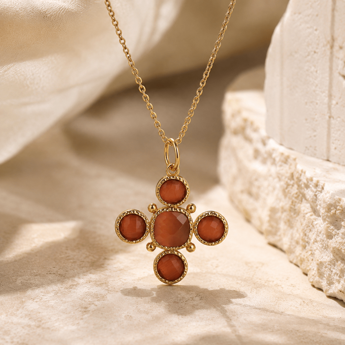 Peach Cats Eye Gemstone Cross Pendant, Gold Plated Jewelry Birthstone Gift For Her 5388 Peach Cat's Eye