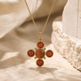 Peach Cats Eye Gemstone Cross Pendant, Gold Plated Jewelry Birthstone Gift For Her 5388 Peach Cat's Eye