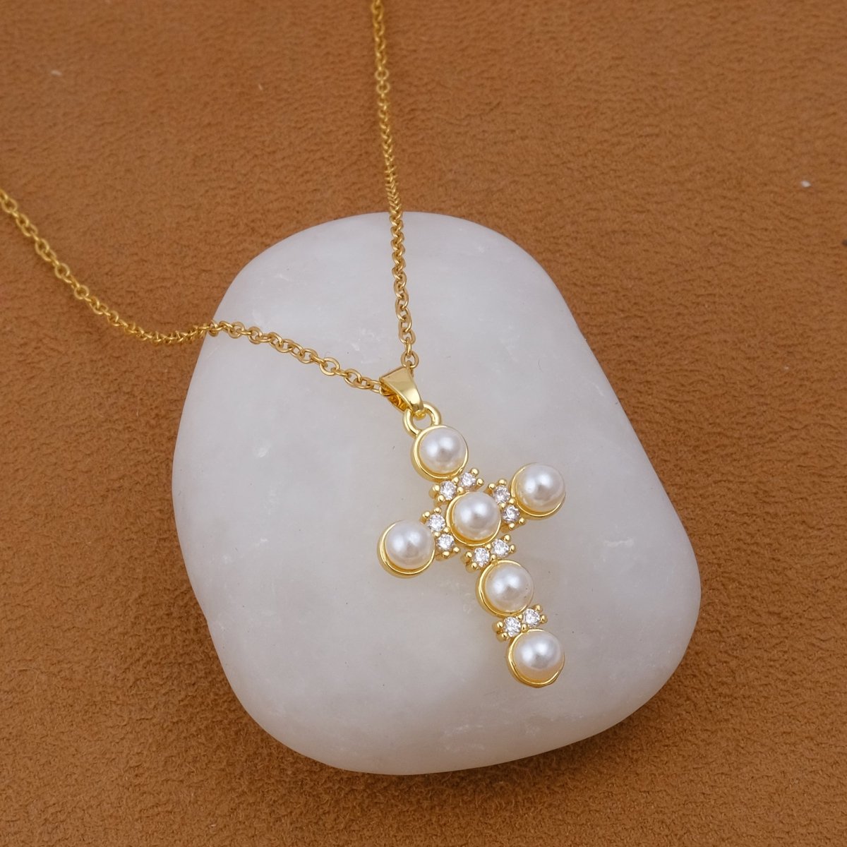 Pearl Cubic Zirconia Cross Necklace Gold Plated Jewelry