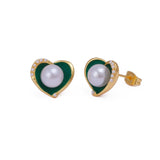 Pearl Heart Stud with Black Enamel Gold Plated Earring Green