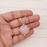 Pink Chalcedony Faceted Gemstone, Gold Plated Paper Clip Chain Necklace 5414