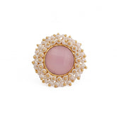 Pink Chalcedony Gemstone Ring with Pearl Beads, Gold Plated Adjustable Statement Ring