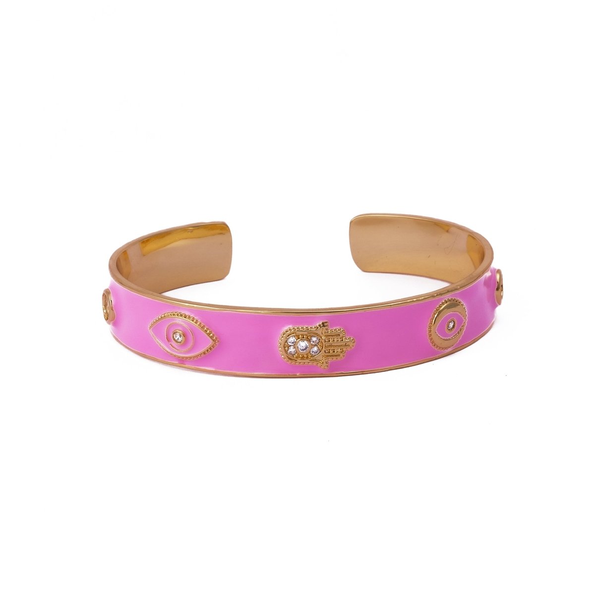 Pink Enamel Bracelet Hamsa Cuff Bracelet Gold Plated Bangle