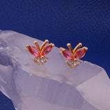 Pink Fuchsia and White Cubic Zircon Gemstone Stud Earrings Cute Butterfly Gold Earring